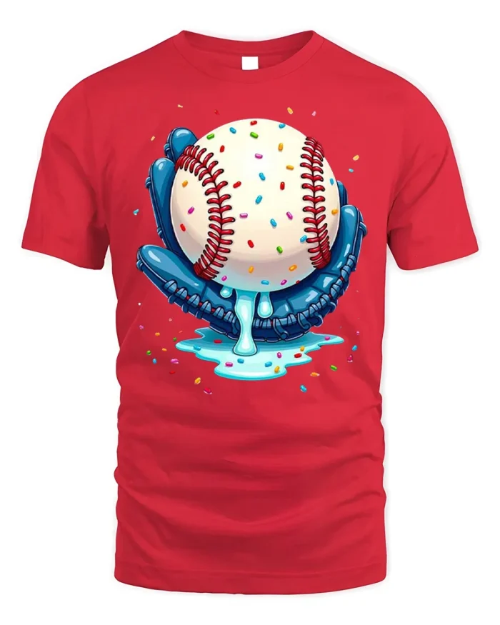 Baseball Ice Cream Drip Glove Graphic T-Shirt Black - red t-shirt on white background