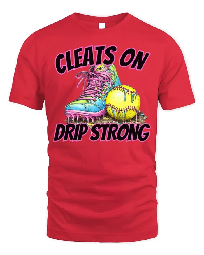 Cleats On Drip Strong Softball Graphic T-Shirt Black - red t-shirt on white background