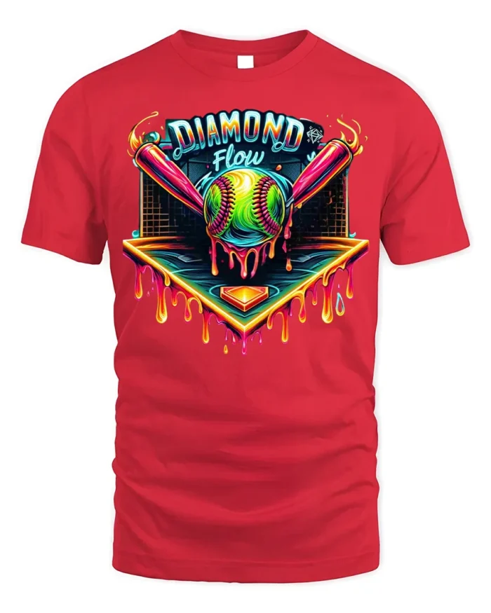 Diamond Flow Softball Drip Neon Graphic T-Shirt Black - red t-shirt on white background