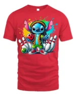 Cartoon Bowling Strike Colorful Graphic T-Shirt Black - red t-shirt on white background