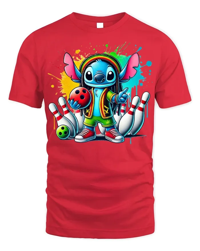 Cartoon Bowling Strike Colorful Graphic T-Shirt Black - red t-shirt on white background
