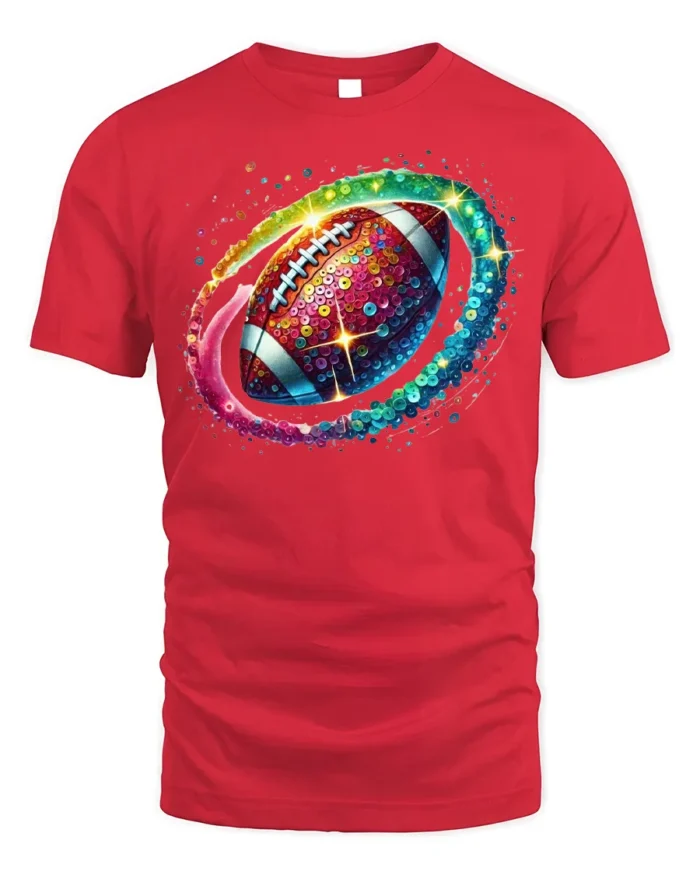 Rainbow Sequin Football Sparkle Graphic T-Shirt Black - red t-shirt on white background