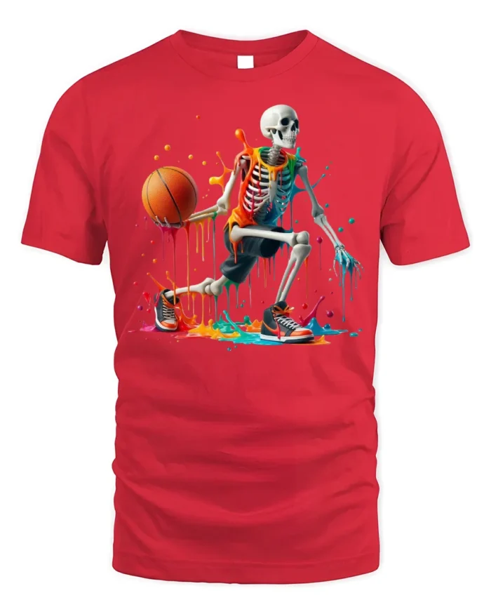 Skeleton Basketball Neon Drip Court Graphic T-Shirt - red t-shirt on white background