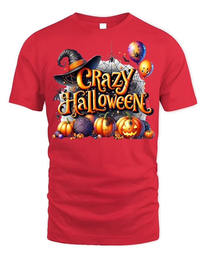 Crazy Halloween Pumpkins Witch Hat Graphic T-Shirt - red t-shirt on white background