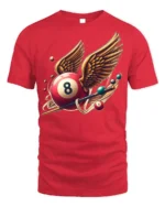 Winged Eight Ball Pool Billiards Graphic T-Shirt - red t-shirt on white background