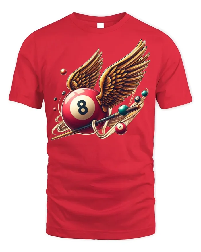 Winged Eight Ball Pool Billiards Graphic T-Shirt - red t-shirt on white background
