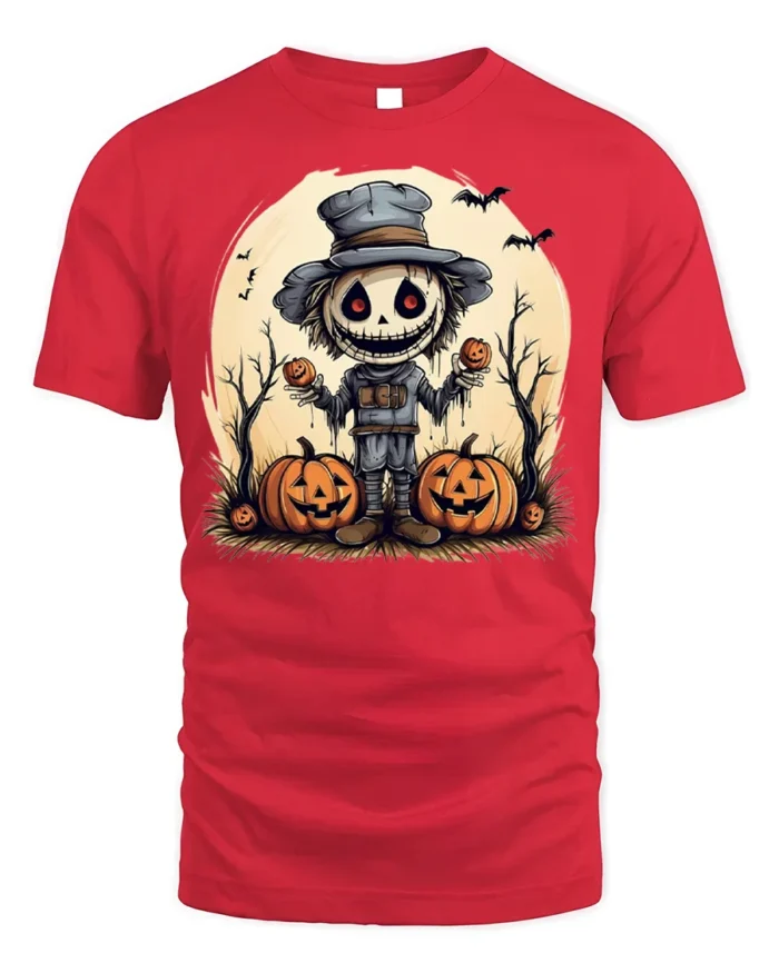 Creepy Scarecrow Pumpkin Halloween Graphic T-Shirt - red t-shirt on white background