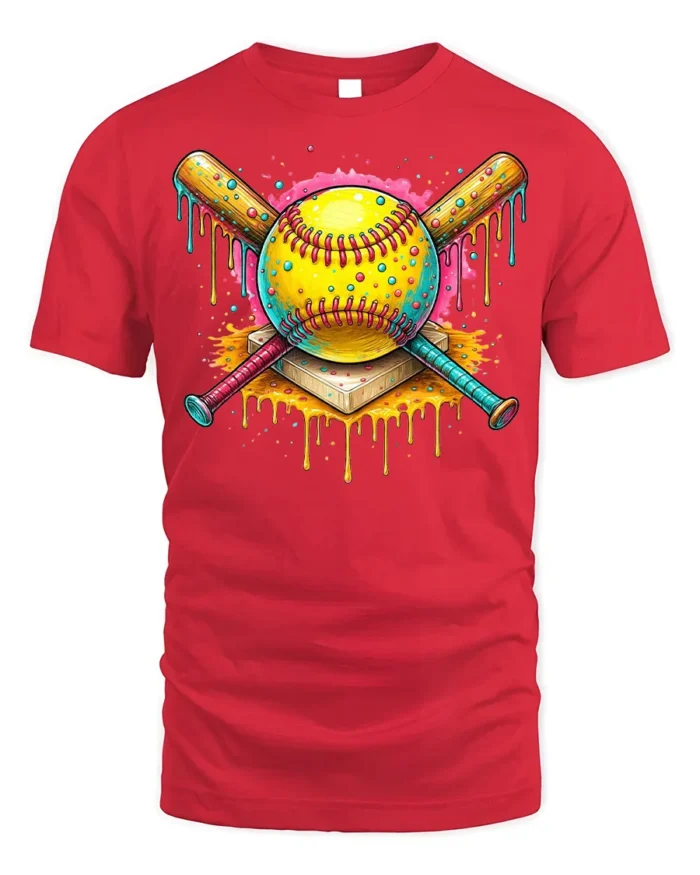 Colorful Softball Drip Bats Graphic T-Shirt Black - red t-shirt on white background