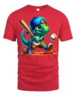 Cute Dinosaur Baseball Batter Graphic T-Shirt Black - red t-shirt on white background