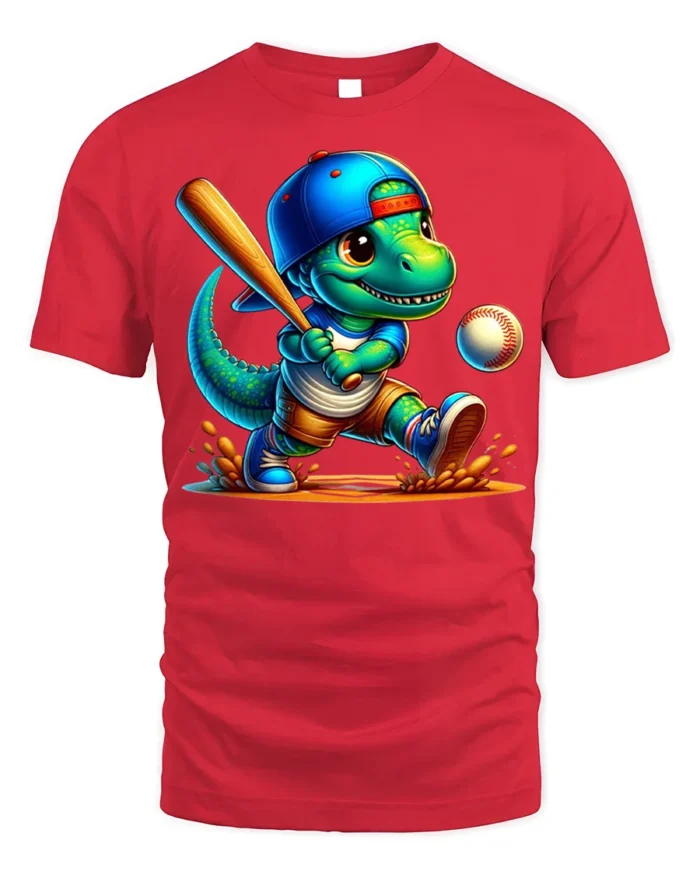 Cute Dinosaur Baseball Batter Graphic T-Shirt Black - red t-shirt on white background