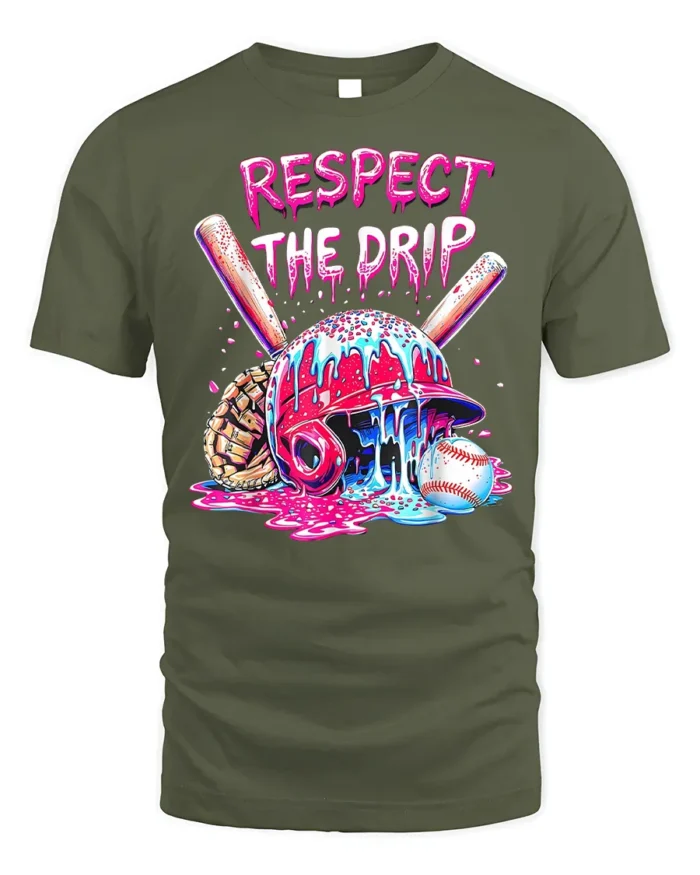 Respect the Drip Baseball Helmet Graphic T-Shirt - military green t-shirt on white background