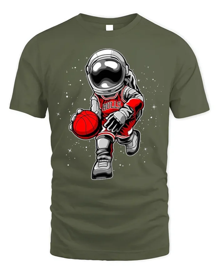 Astronaut Basketball Cosmic Dribble Graphic T-Shirt - military green t-shirt on white background