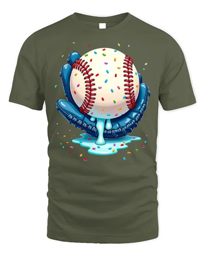 Baseball Ice Cream Drip Glove Graphic T-Shirt Black - military green t-shirt on white background