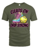 Cleats On Drip Strong Softball Graphic T-Shirt Black - military green t-shirt on white background