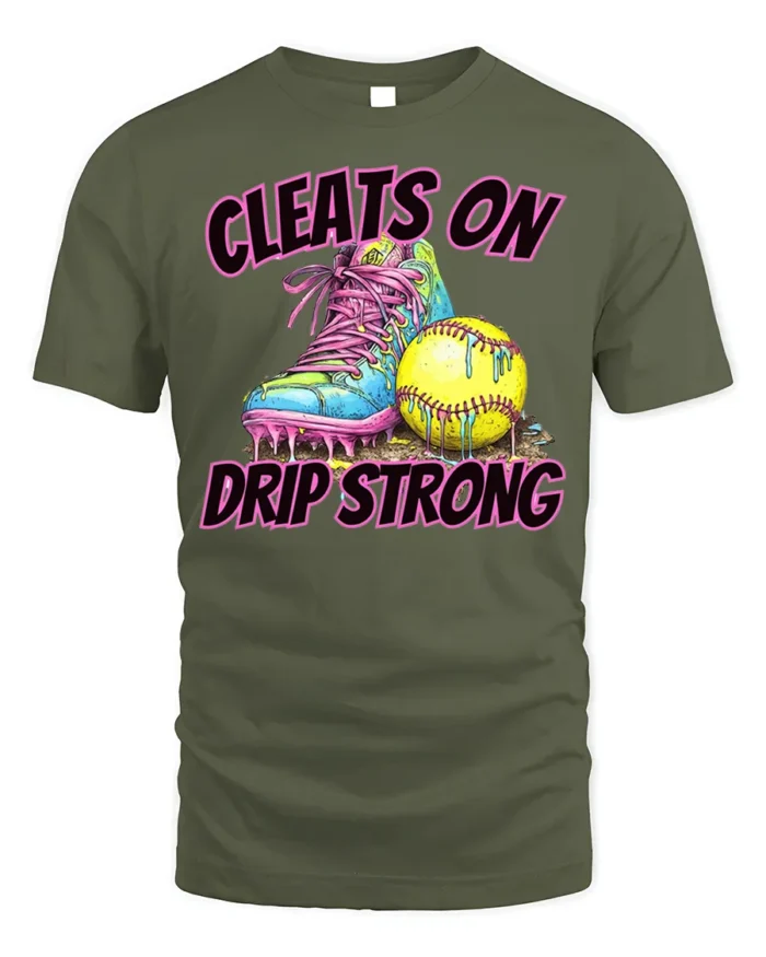 Cleats On Drip Strong Softball Graphic T-Shirt Black - military green t-shirt on white background