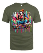 Cartoon Skater Drip Art Skateboard Graphic T-Shirt - military green t-shirt on white background