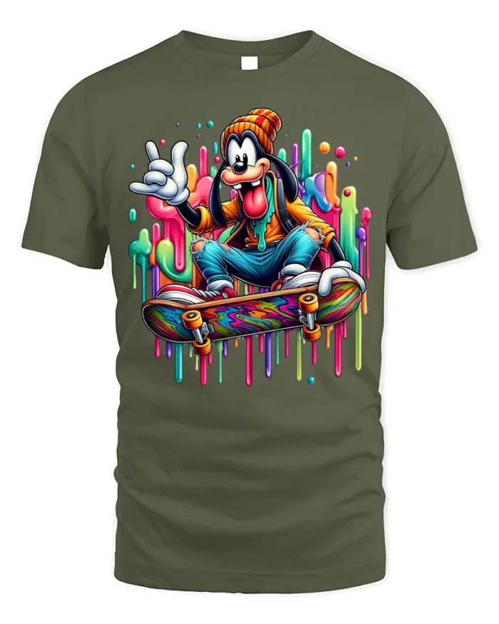 Cartoon Skater Drip Art Skateboard Graphic T-Shirt - military green t-shirt on white background