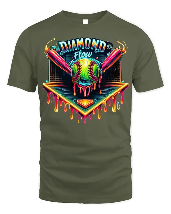 Diamond Flow Softball Drip Neon Graphic T-Shirt Black - military green t-shirt on white background