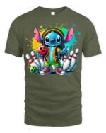 Cartoon Bowling Strike Colorful Graphic T-Shirt Black - military green t-shirt on white background
