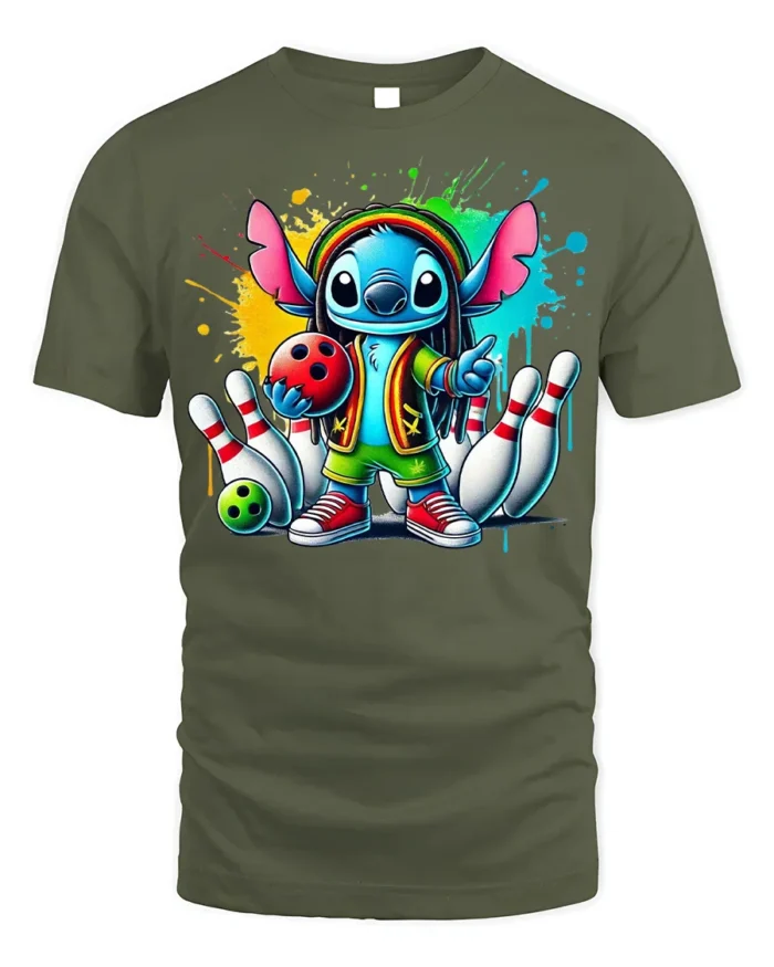 Cartoon Bowling Strike Colorful Graphic T-Shirt Black - military green t-shirt on white background