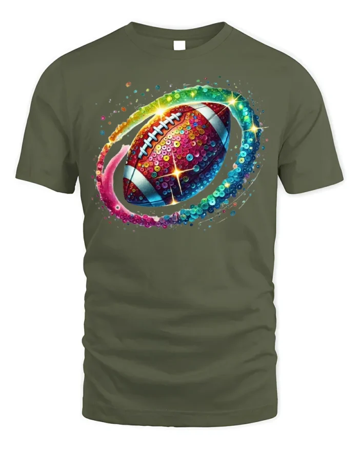 Rainbow Sequin Football Sparkle Graphic T-Shirt Black - military green t-shirt on white background