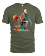 Skeleton Basketball Neon Drip Court Graphic T-Shirt - military green t-shirt on white background