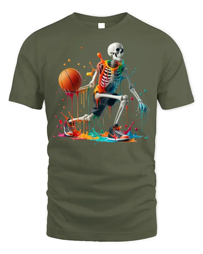 Skeleton Basketball Neon Drip Court Graphic T-Shirt - military green t-shirt on white background