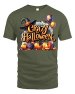 Crazy Halloween Pumpkins Witch Hat Graphic T-Shirt - military green t-shirt on white background