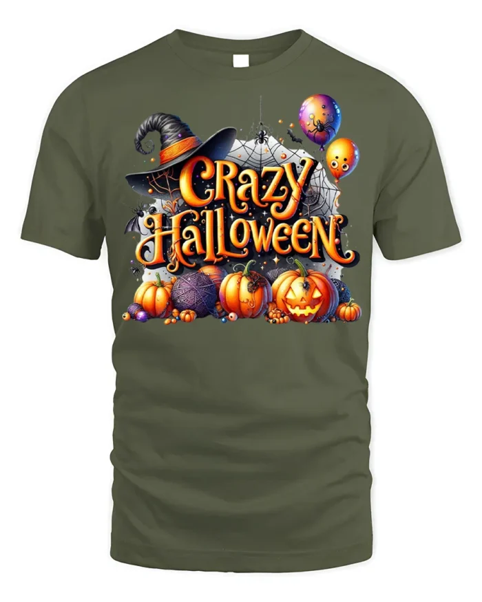Crazy Halloween Pumpkins Witch Hat Graphic T-Shirt - military green t-shirt on white background