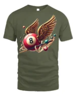 Winged Eight Ball Pool Billiards Graphic T-Shirt - military green t-shirt on white background