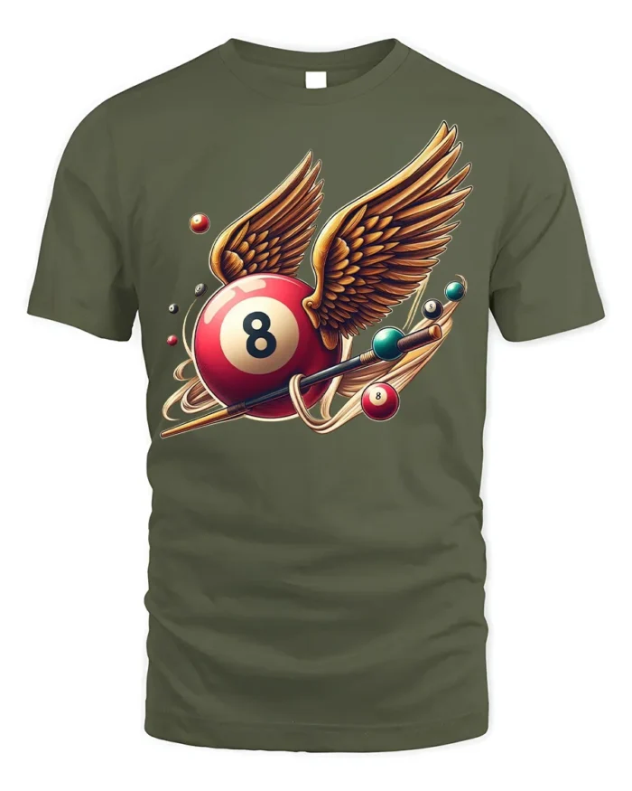 Winged Eight Ball Pool Billiards Graphic T-Shirt - military green t-shirt on white background