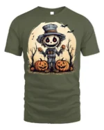 Creepy Scarecrow Pumpkin Halloween Graphic T-Shirt - military green t-shirt on white background