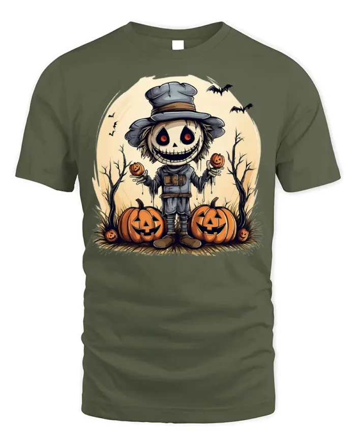 Creepy Scarecrow Pumpkin Halloween Graphic T-Shirt - military green t-shirt on white background