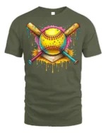 Colorful Softball Drip Bats Graphic T-Shirt Black - military green t-shirt on white background