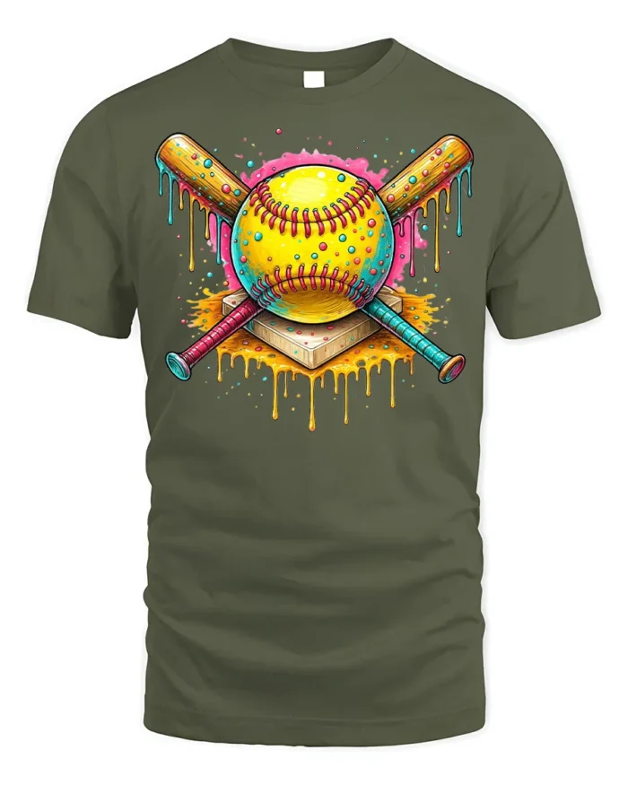 Colorful Softball Drip Bats Graphic T-Shirt Black - military green t-shirt on white background