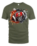 Flaming Skull Football Graphic T-Shirt Black - military green t-shirt on white background