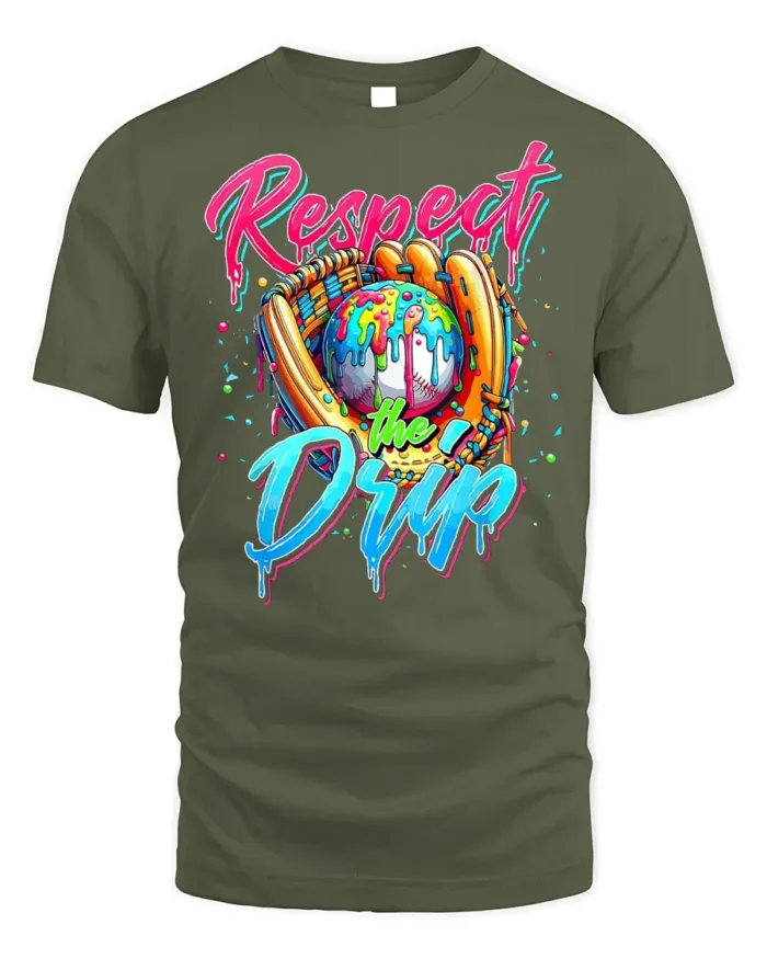 Respect the Drip Baseball Graphic T-Shirt Black - military green t-shirt on white background