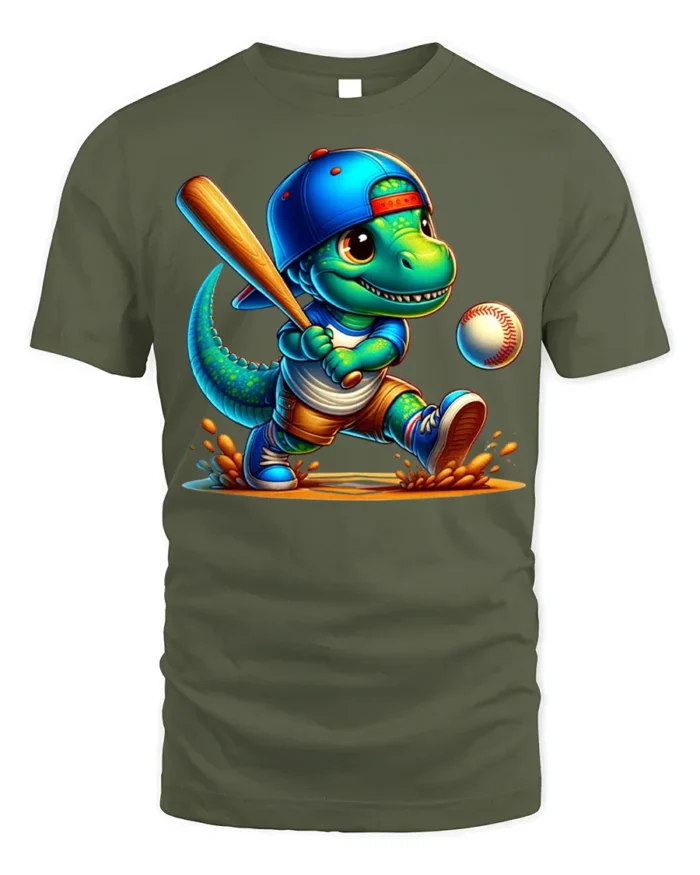 Cute Dinosaur Baseball Batter Graphic T-Shirt Black - military green t-shirt on white background