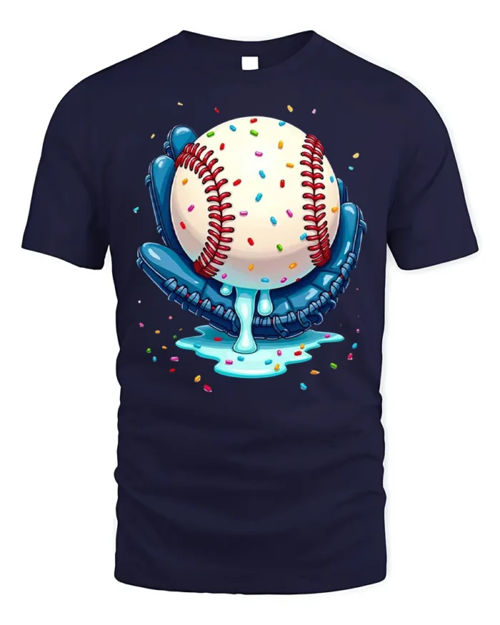 Baseball Ice Cream Drip Glove Graphic T-Shirt Black - navy t-shirt on white background