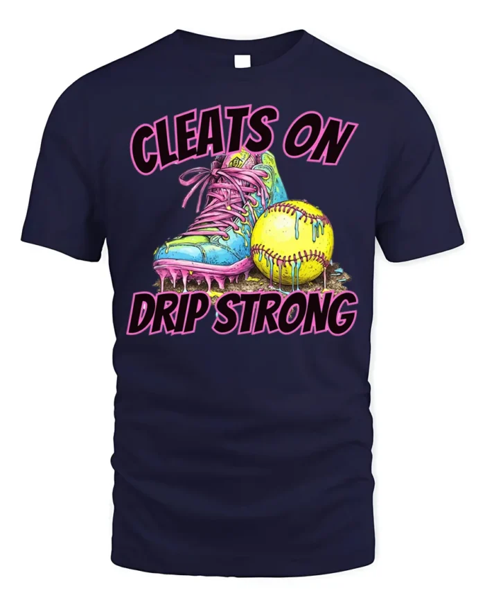 Cleats On Drip Strong Softball Graphic T-Shirt Black - navy t-shirt on white background