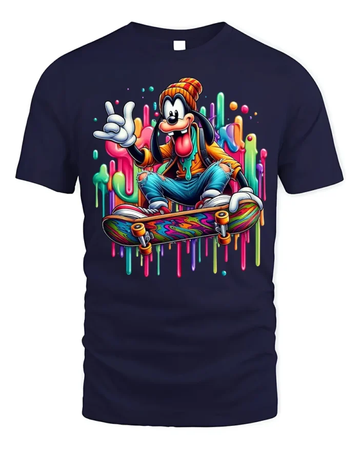 Cartoon Skater Drip Art Skateboard Graphic T-Shirt - navy t-shirt on white background