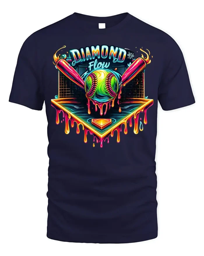 Diamond Flow Softball Drip Neon Graphic T-Shirt Black - navy t-shirt on white background