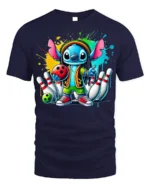 Cartoon Bowling Strike Colorful Graphic T-Shirt Black - navy t-shirt on white background