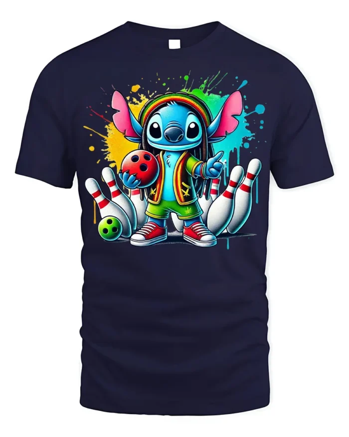 Cartoon Bowling Strike Colorful Graphic T-Shirt Black - navy t-shirt on white background