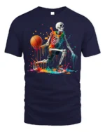 Skeleton Basketball Neon Drip Court Graphic T-Shirt - navy t-shirt on white background