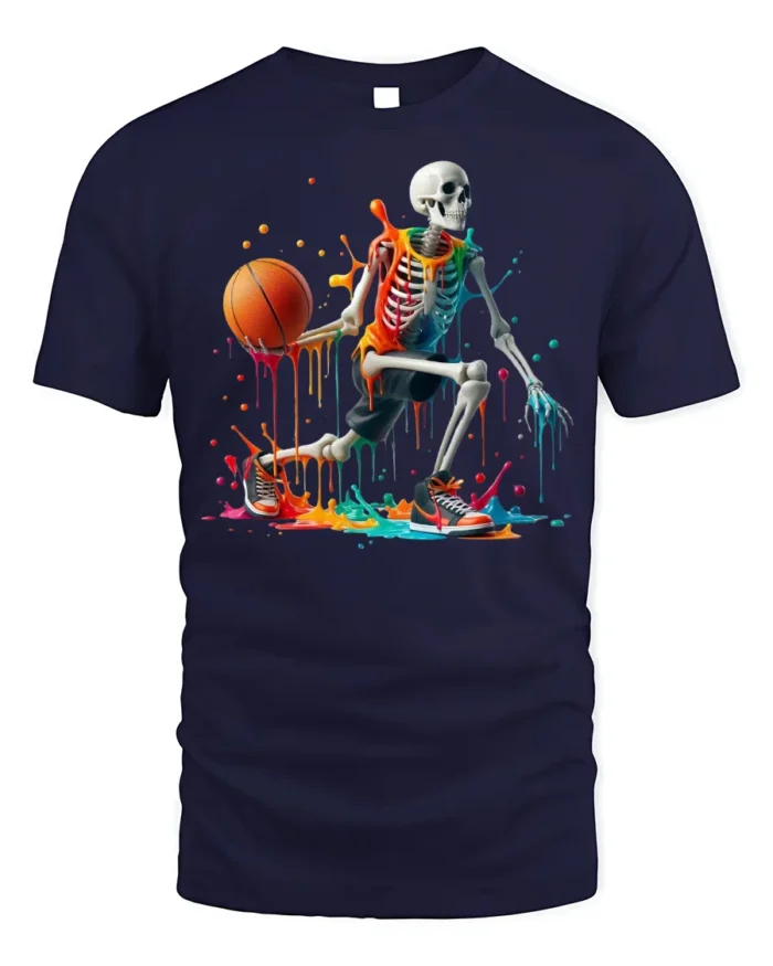 Skeleton Basketball Neon Drip Court Graphic T-Shirt - navy t-shirt on white background
