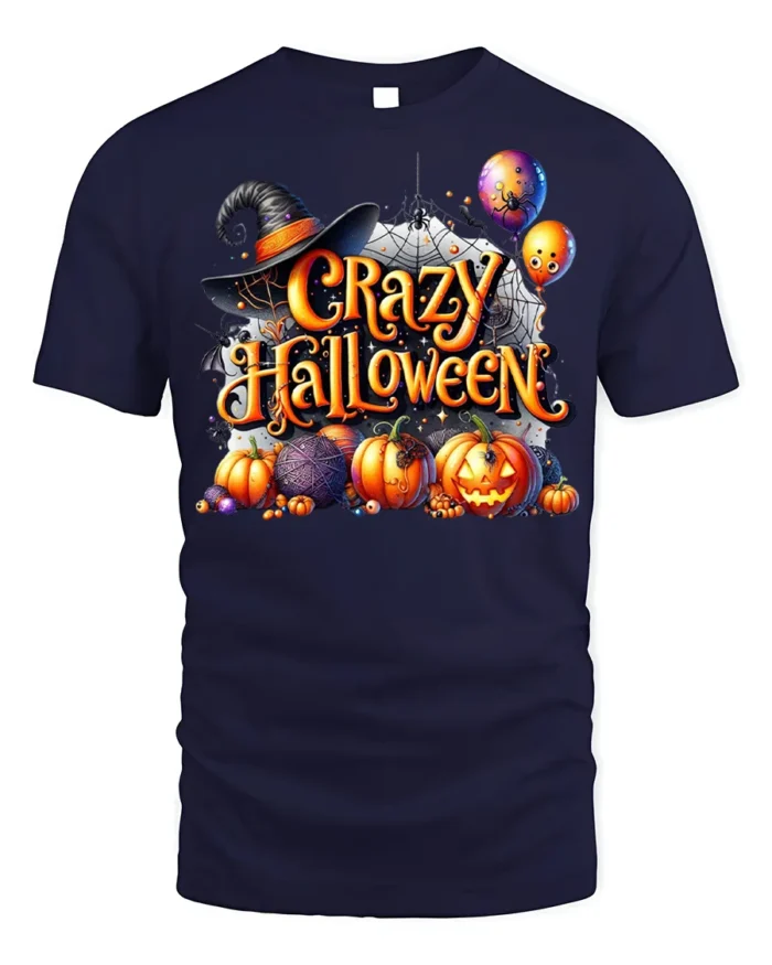 Crazy Halloween Pumpkins Witch Hat Graphic T-Shirt - navy t-shirt on white background