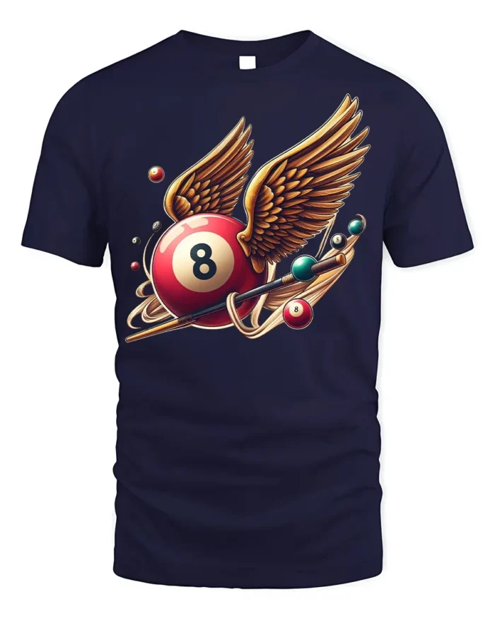 Winged Eight Ball Pool Billiards Graphic T-Shirt - navy t-shirt on white background