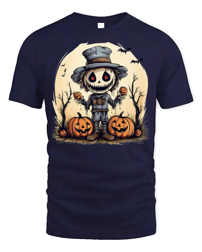 Creepy Scarecrow Pumpkin Halloween Graphic T-Shirt - navy t-shirt on white background