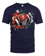 Flaming Skull Football Graphic T-Shirt Black - navy t-shirt on white background